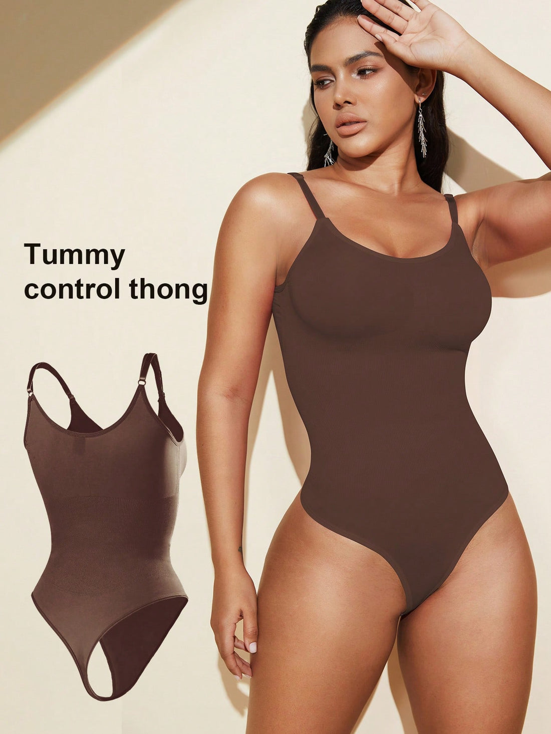 Brown seamless shapewear bodysuit featuring backless design, thong bottom, non-removable padding, and high-stretch fabric for tummy and waist control.