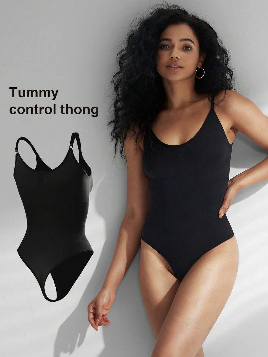 Brown seamless shapewear bodysuit featuring backless design, thong bottom, non-removable padding, and high-stretch fabric for tummy and waist control.