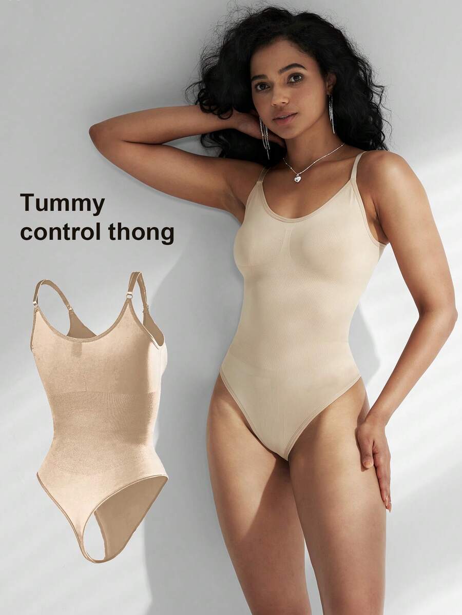 Brown seamless shapewear bodysuit featuring backless design, thong bottom, non-removable padding, and high-stretch fabric for tummy and waist control.