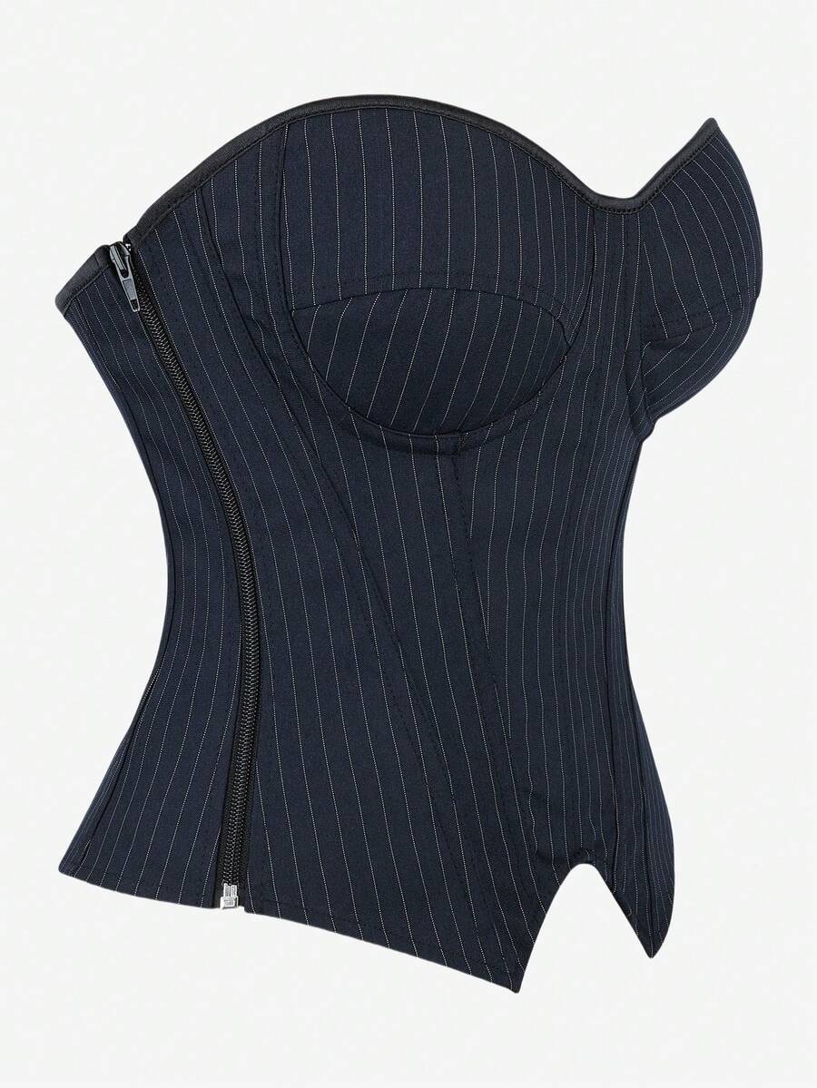 Black overbust corset top with strapless design, boned support, tie-back and zipper closure for women shapewear styling.
