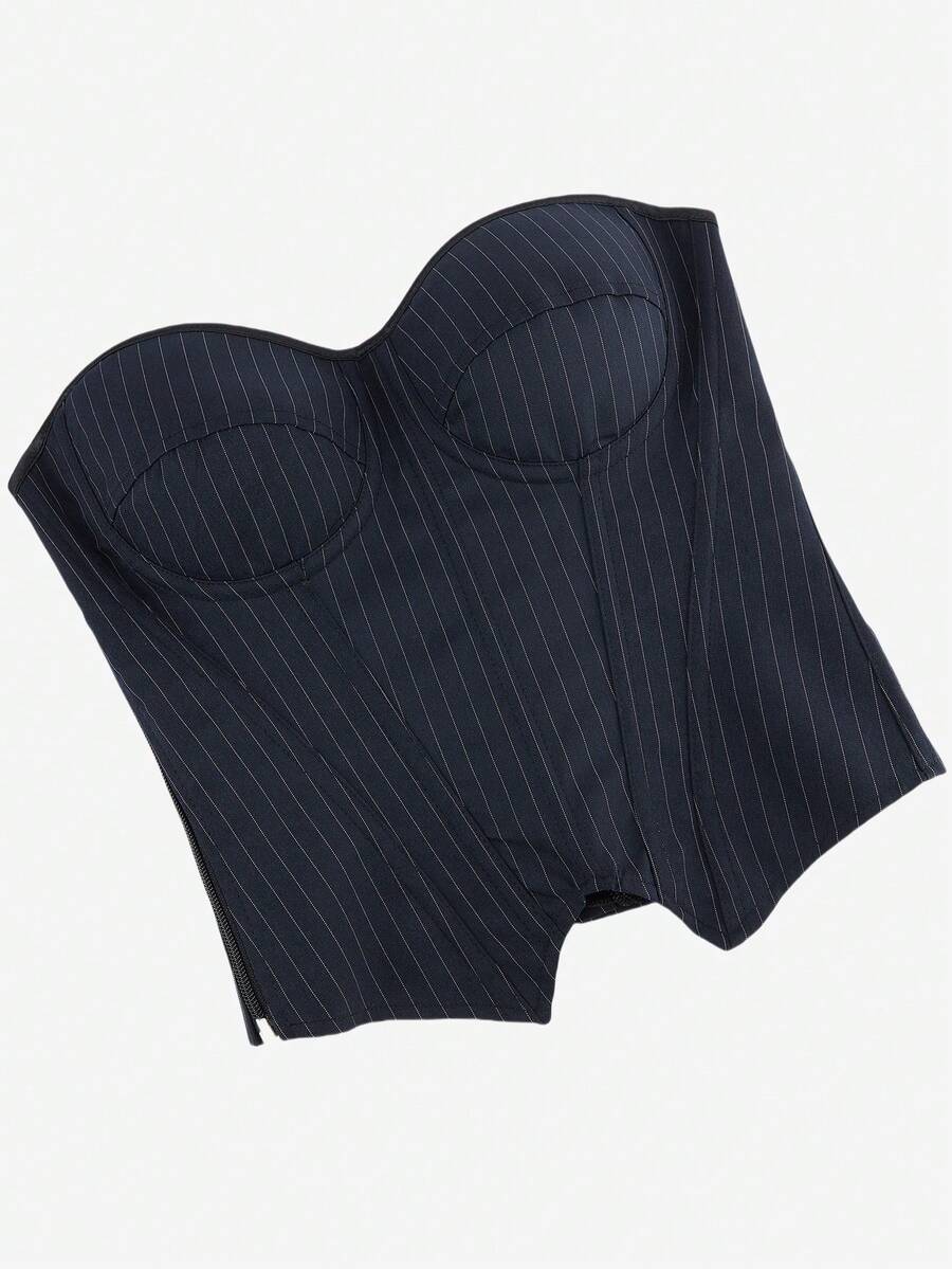 Black overbust corset top with strapless design, boned support, tie-back and zipper closure for women shapewear styling.