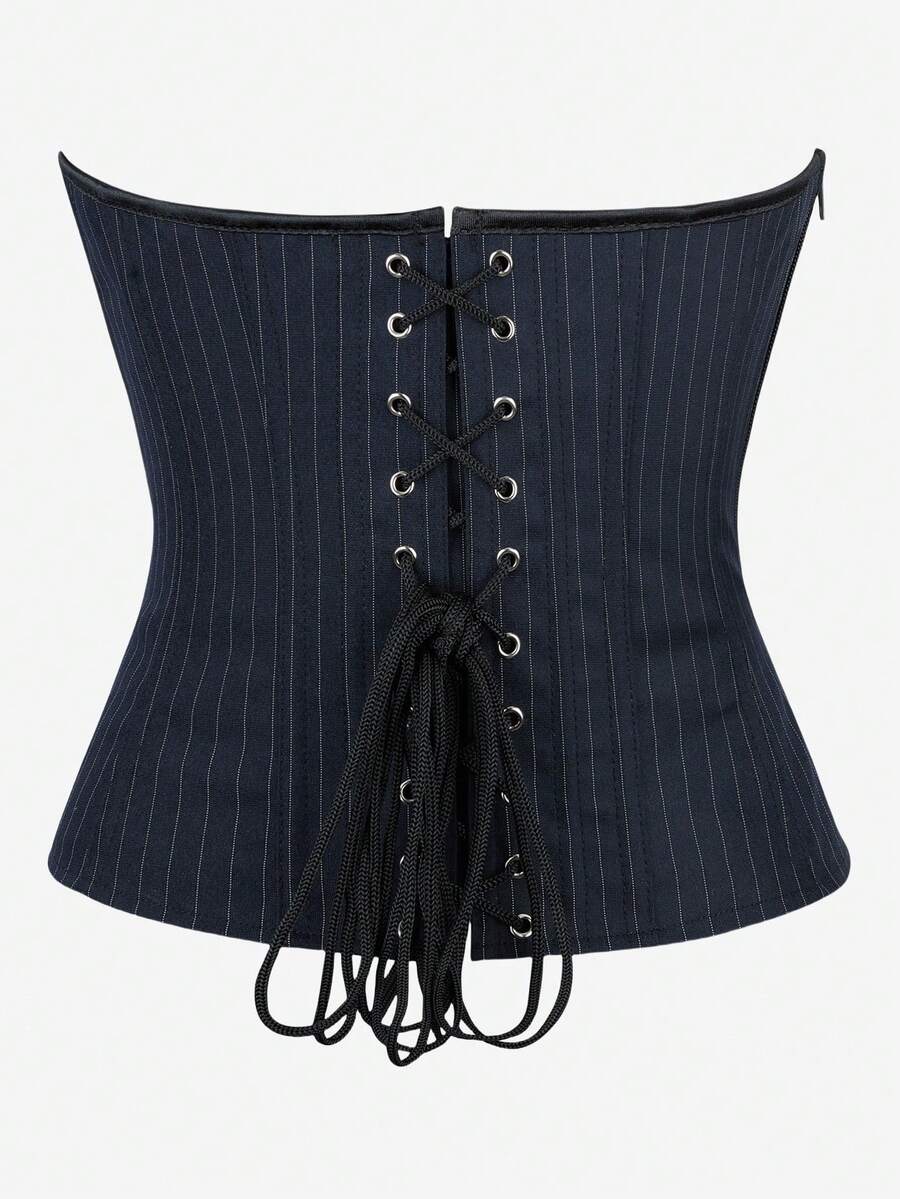 Black overbust corset top with strapless design, boned support, tie-back and zipper closure for women shapewear styling.