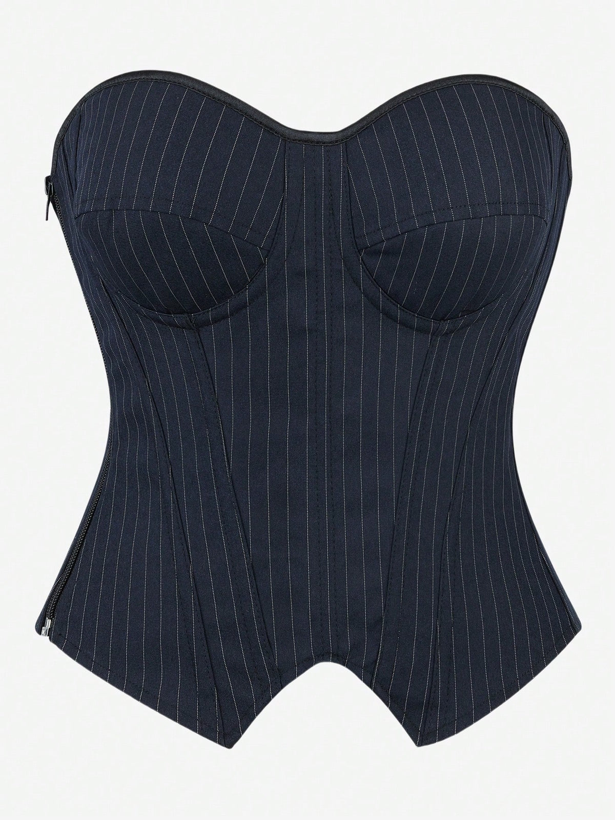 Black overbust corset top with strapless design, boned support, tie-back and zipper closure for women shapewear styling.