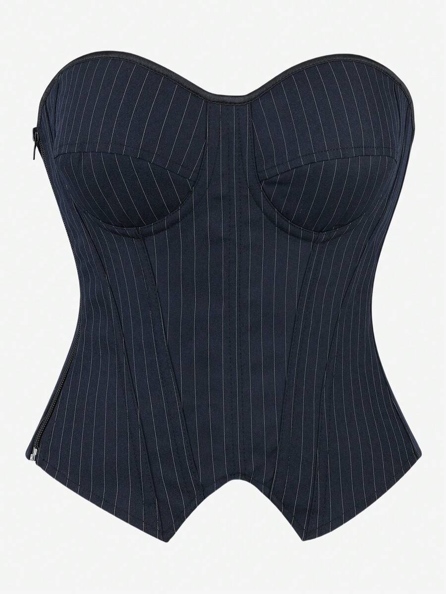 Black overbust corset top with strapless design, boned support, tie-back and zipper closure for women shapewear styling.