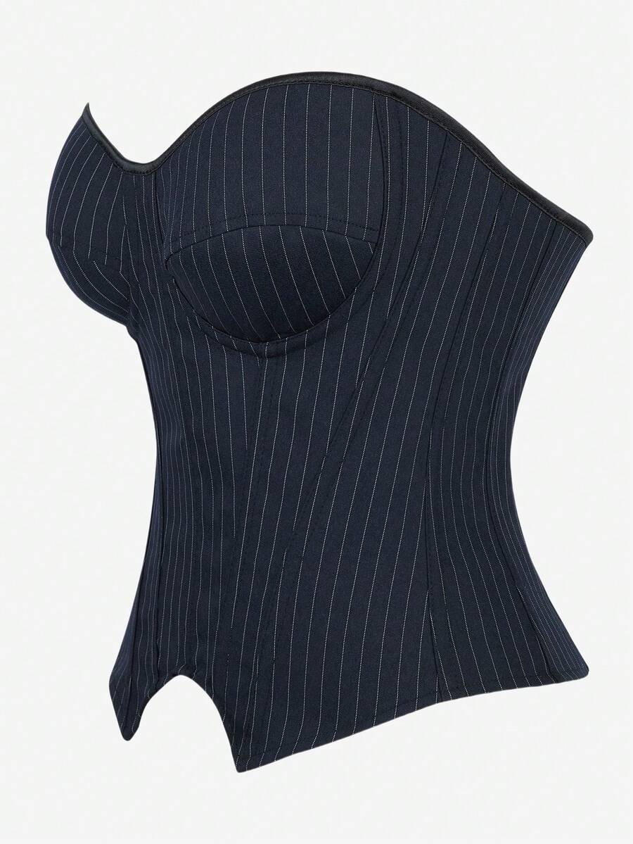 Black overbust corset top with strapless design, boned support, tie-back and zipper closure for women shapewear styling.