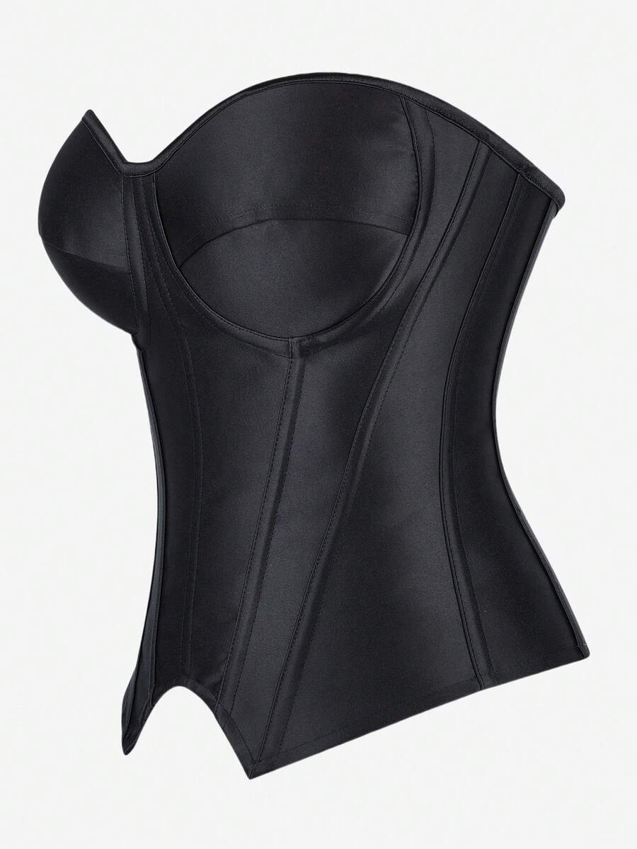 Black overbust corset top with strapless design, boned support, tie-back and zipper closure for women shapewear styling.