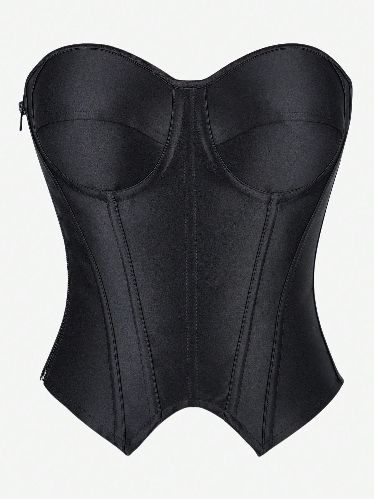 Black overbust corset top with strapless design, boned support, tie-back and zipper closure for women shapewear styling.