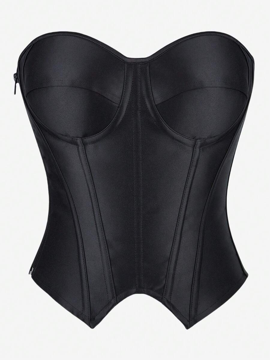 Black overbust corset top with strapless design, boned support, tie-back and zipper closure for women shapewear styling.