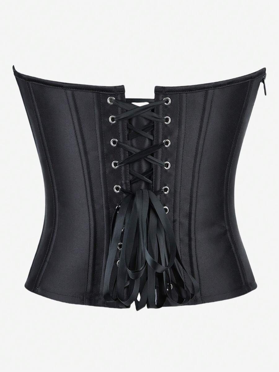 Black overbust corset top with strapless design, boned support, tie-back and zipper closure for women shapewear styling.