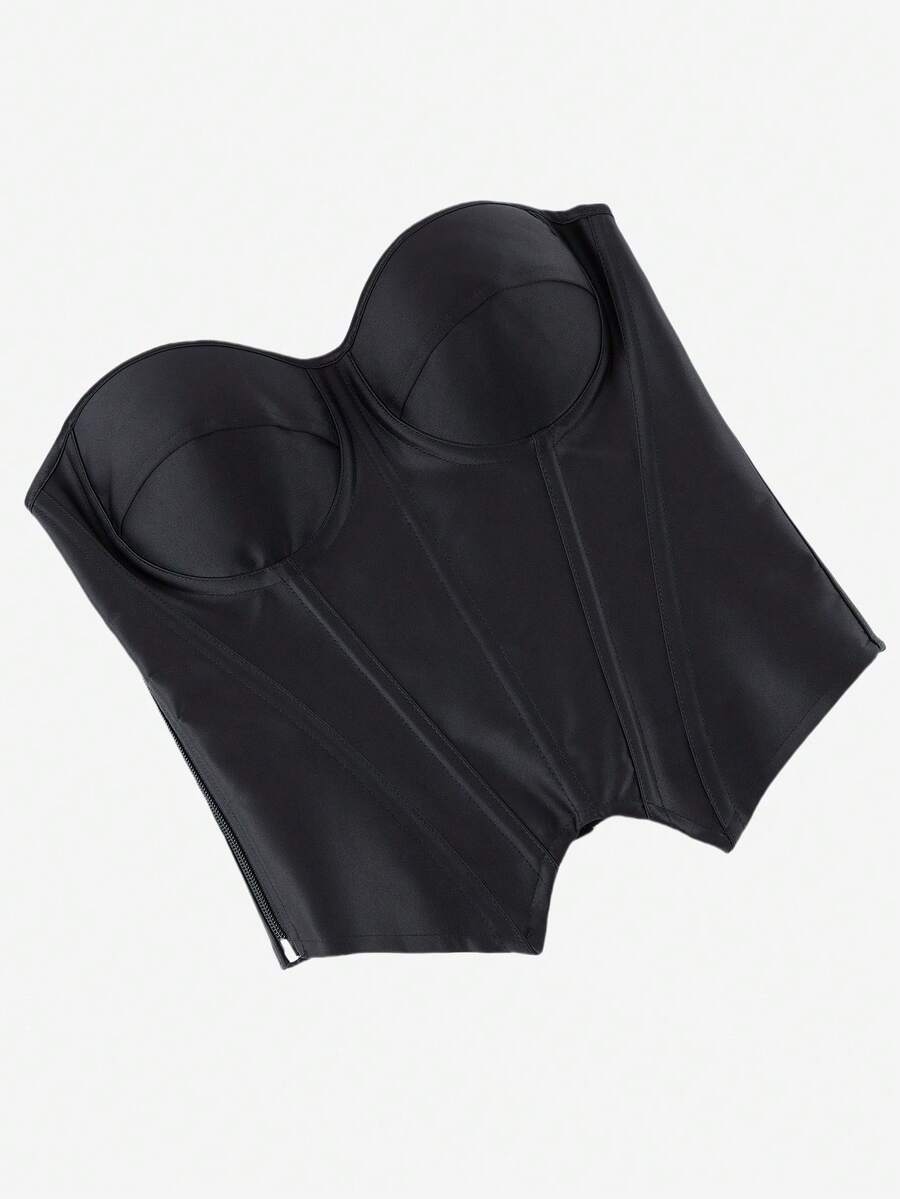 Black overbust corset top with strapless design, boned support, tie-back and zipper closure for women shapewear styling.