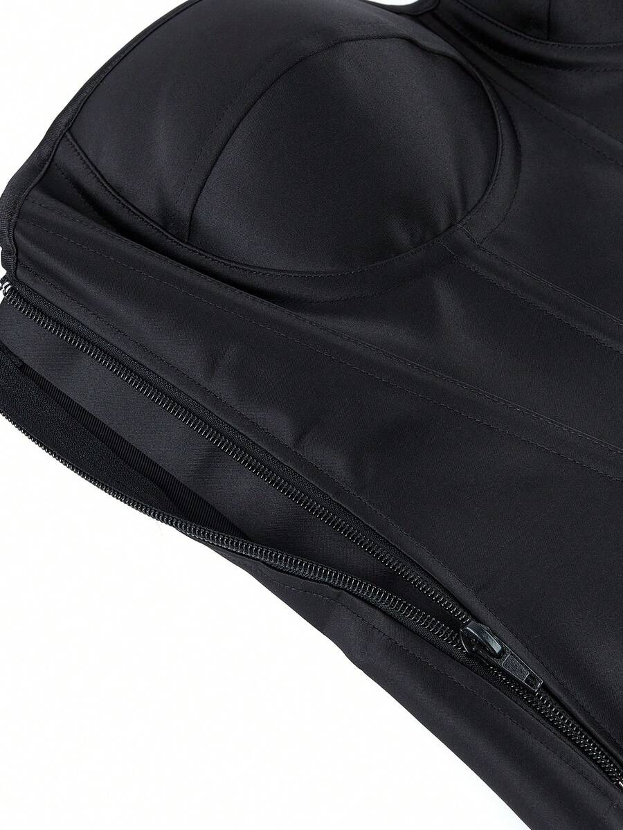Black overbust corset top with strapless design, boned support, tie-back and zipper closure for women shapewear styling.