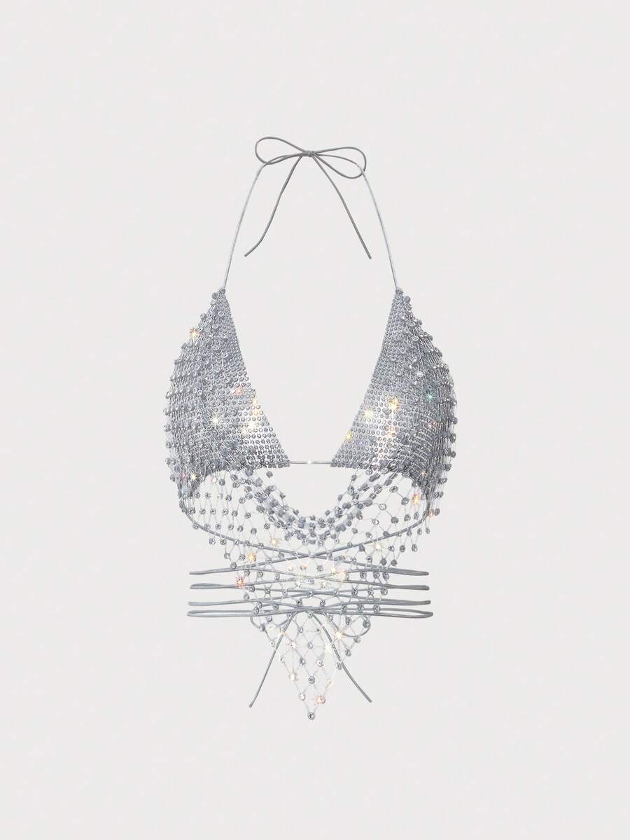 Black sheer mesh halter top for women featuring rhinestone glitter effect, backless design, chain details, and an asymmetrical hem.
