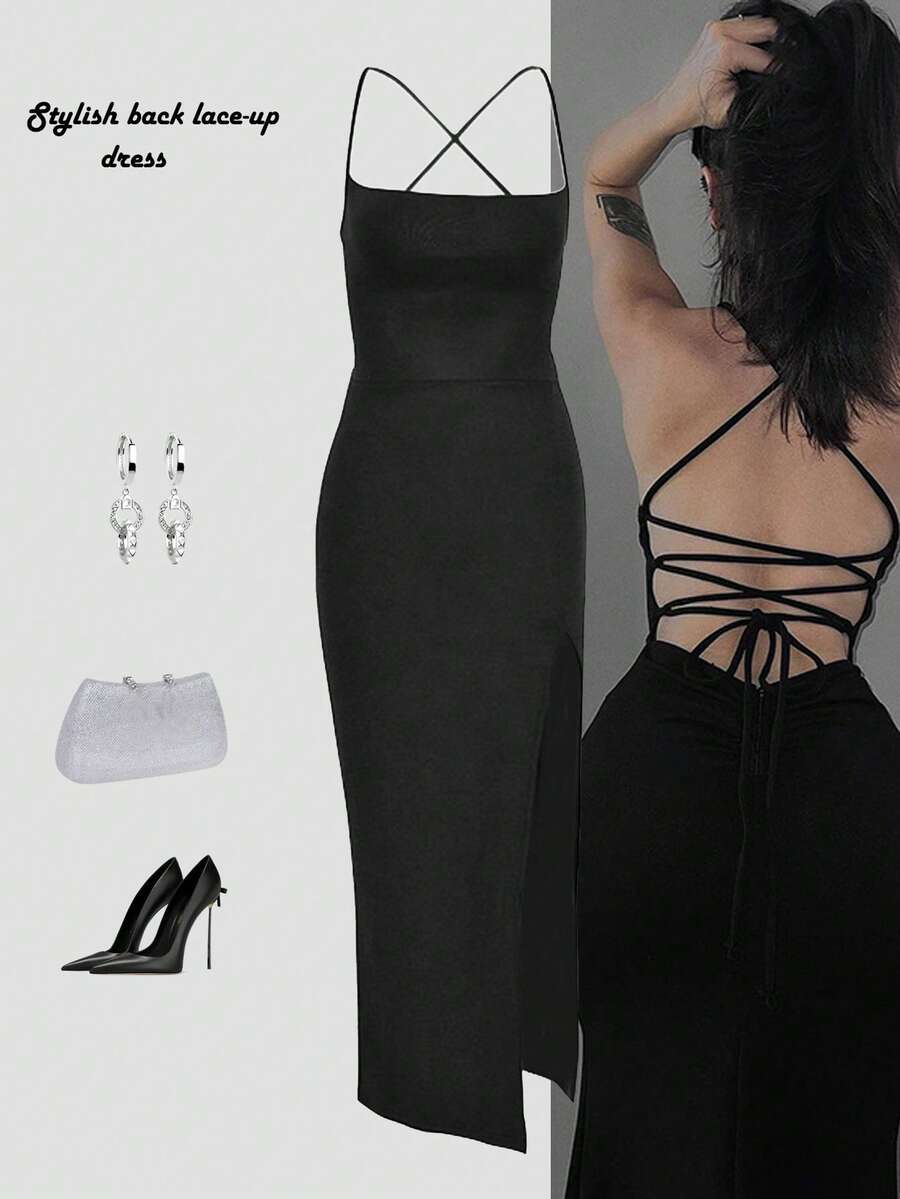 Women's backless sleeveless midi party dress with spaghetti straps and a high slit