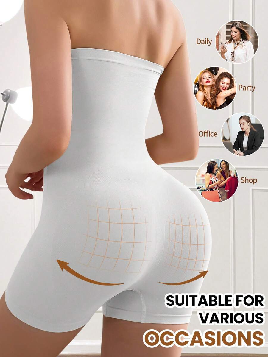 Women's seamless strapless shapewear romper in apricot with medium support targeting tummy, waist, and thighs.