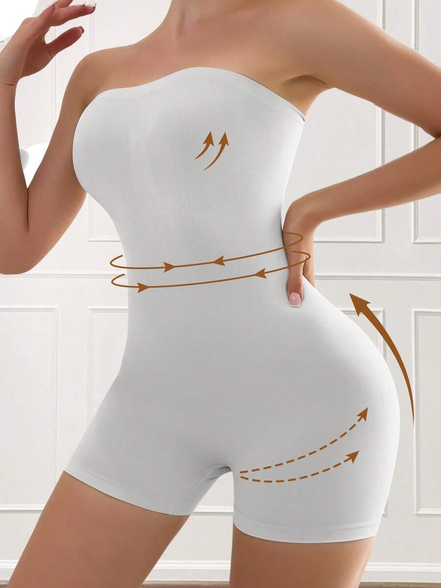 Women's seamless strapless shapewear romper in apricot with medium support targeting tummy, waist, and thighs.