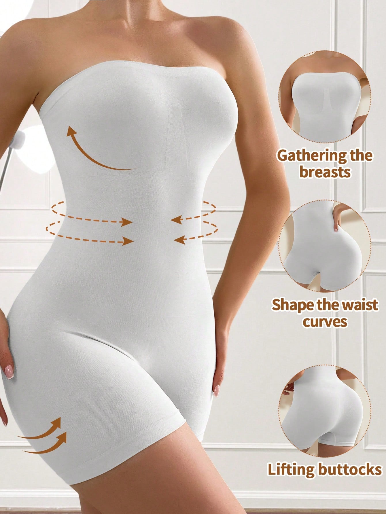 Women's seamless strapless shapewear romper in apricot with medium support targeting tummy, waist, and thighs.