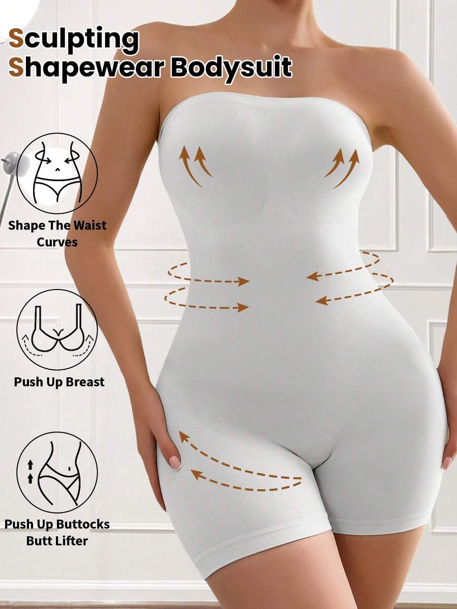 Women's seamless strapless shapewear romper in apricot with medium support targeting tummy, waist, and thighs.