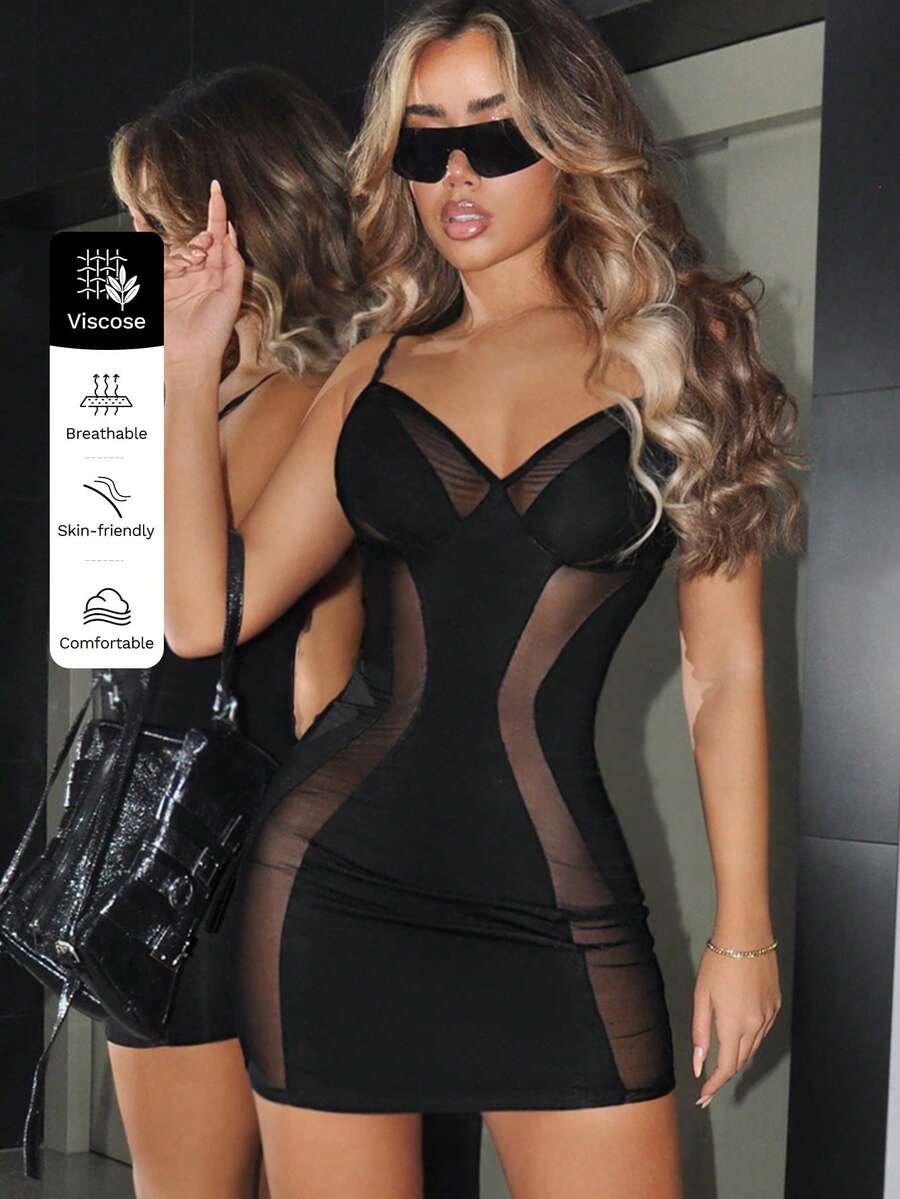 Black slim fit mesh splicing cami mini dress for women featuring spaghetti straps, contrast sheer mesh detailing, and a backless pencil hem silhouette.