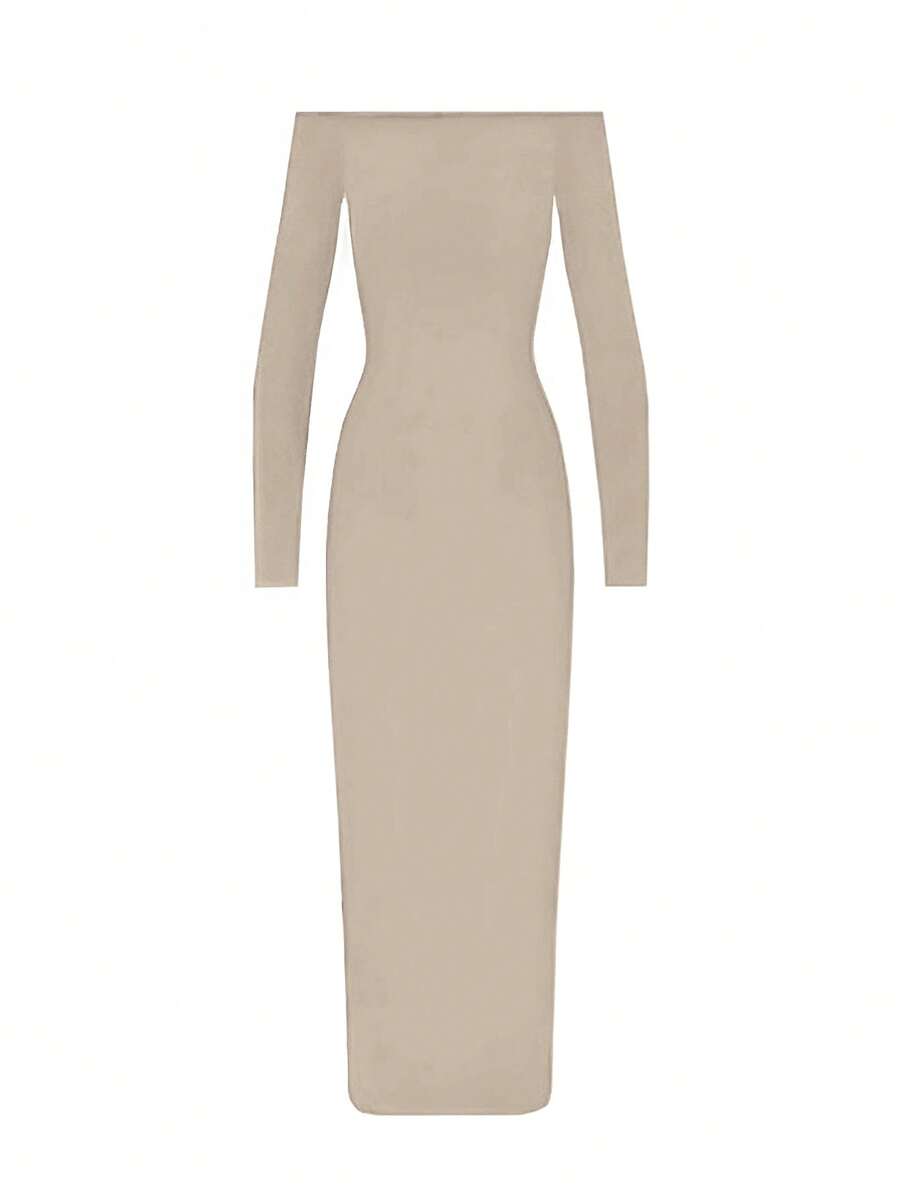 Woman wearing an elegant off-the-shoulder bodycon long dress with backless design and pencil silhouette in high-stretch knitted fabric.