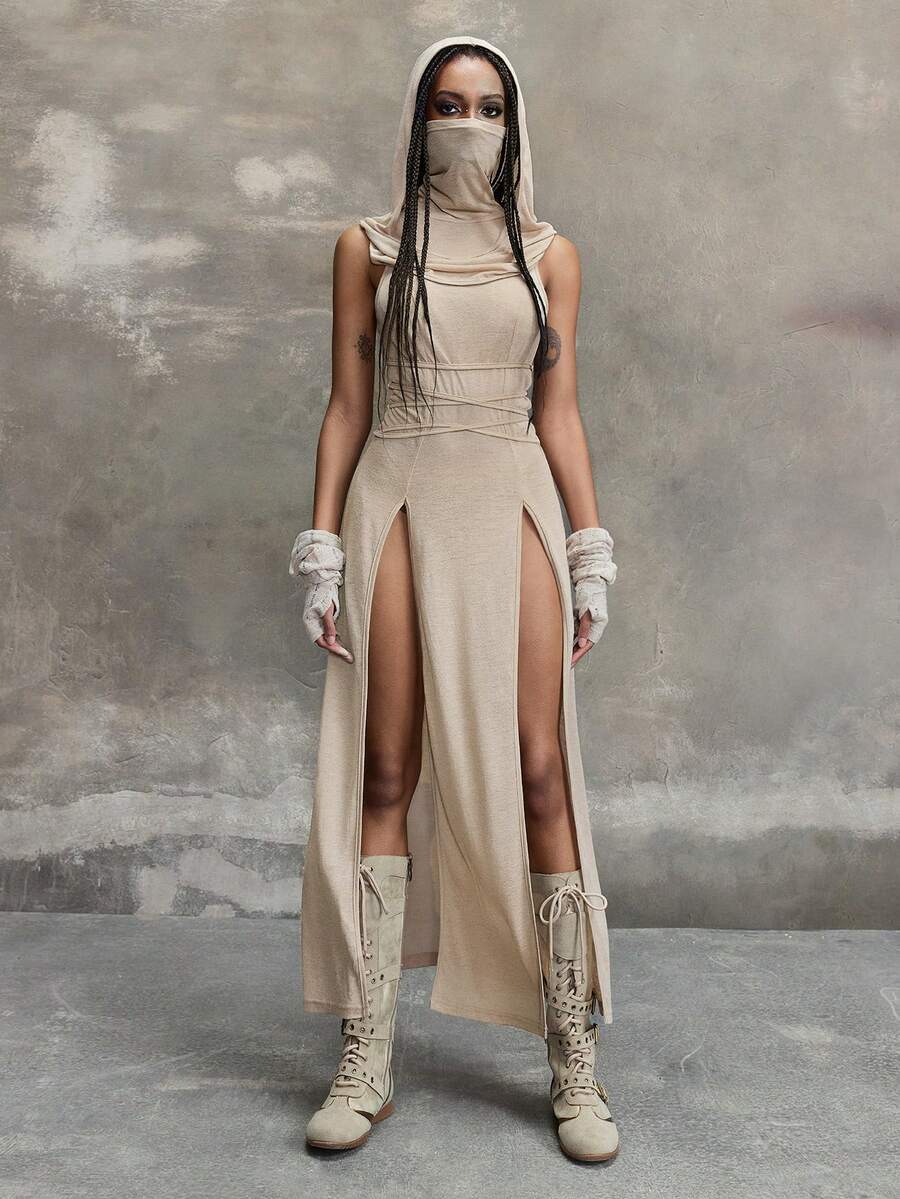 Women wearing a Y2K vintage apocalyptic style hooded long dress featuring short sleeves, backless detail, high thigh slit, and slim fit knitted fabric.