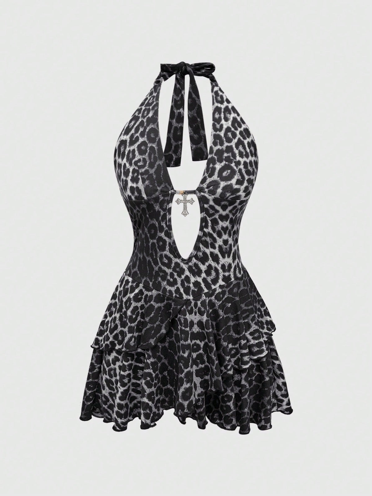 Women's burgundy halter leopard print mini dress featuring a backless cut-out design and tiered layered hem.