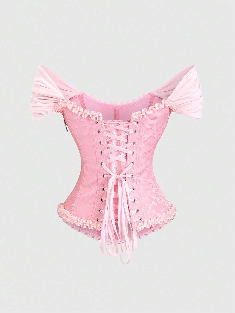 Women's apricot off-shoulder camisole top featuring asymmetrical frill trim and lace-up detail in a slim fit.