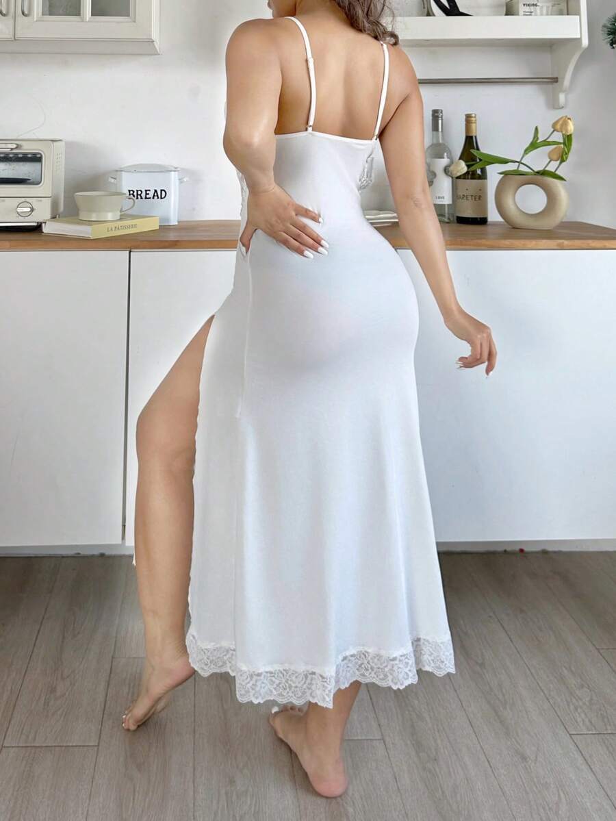 Women's black lace slip nightgown featuring a backless design, contrast lace patchwork, split thigh detail, and spaghetti straps.