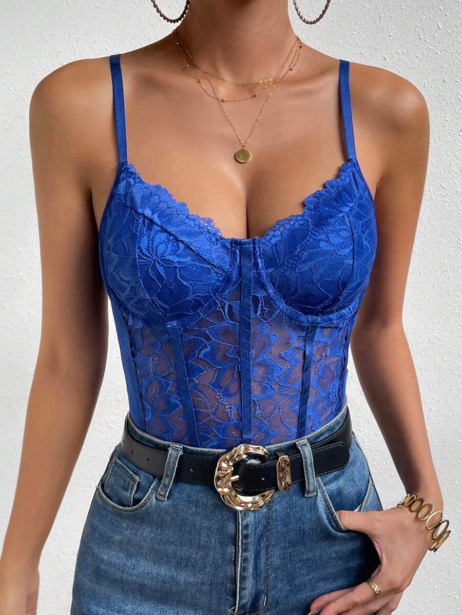 Apricot lace patchwork bodysuit for women featuring contrast corset detailing and spaghetti straps.