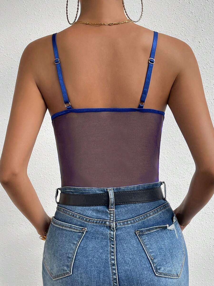 Apricot lace patchwork bodysuit for women featuring contrast corset detailing and spaghetti straps.