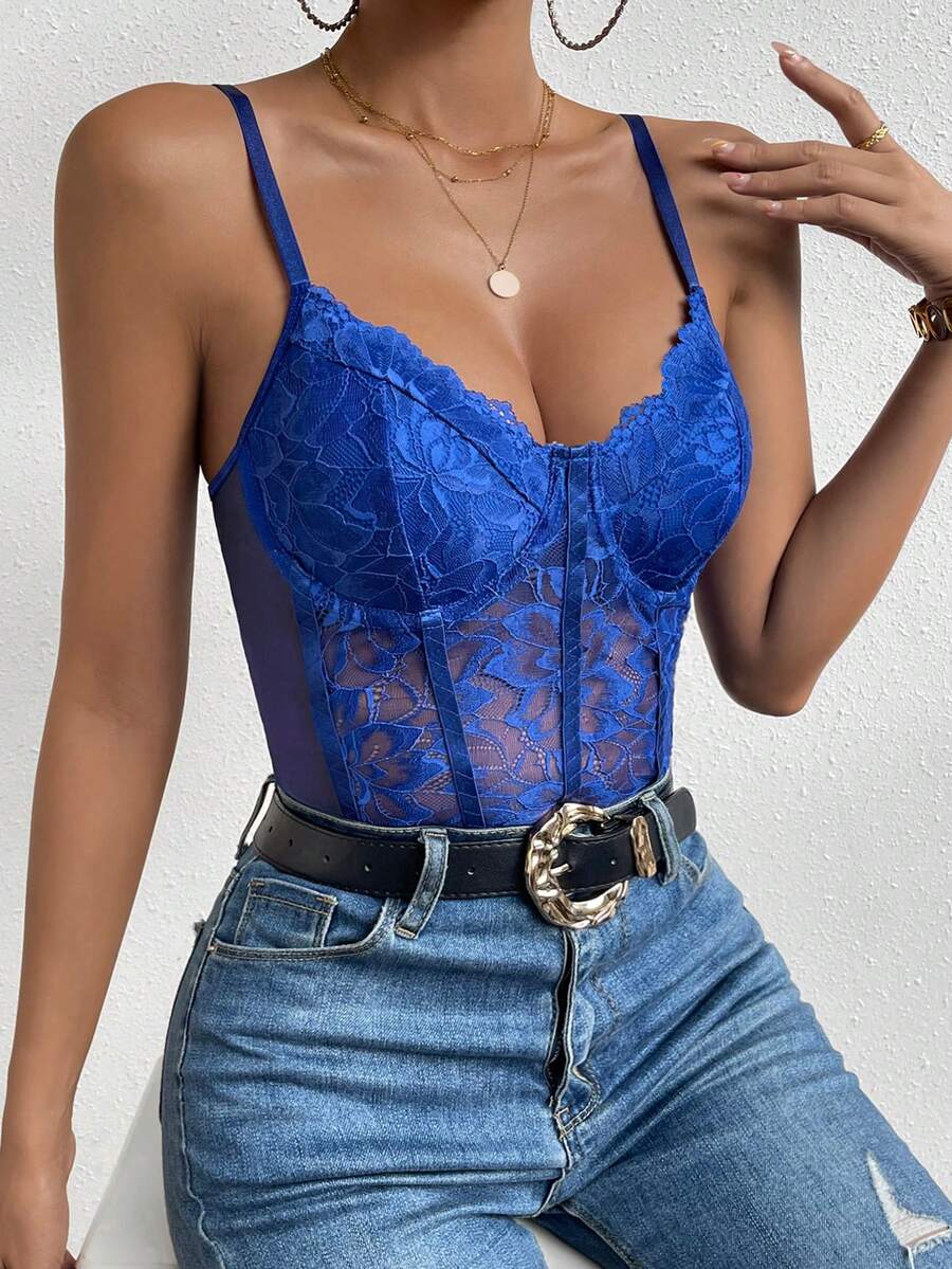 Apricot lace patchwork bodysuit for women featuring contrast corset detailing and spaghetti straps.