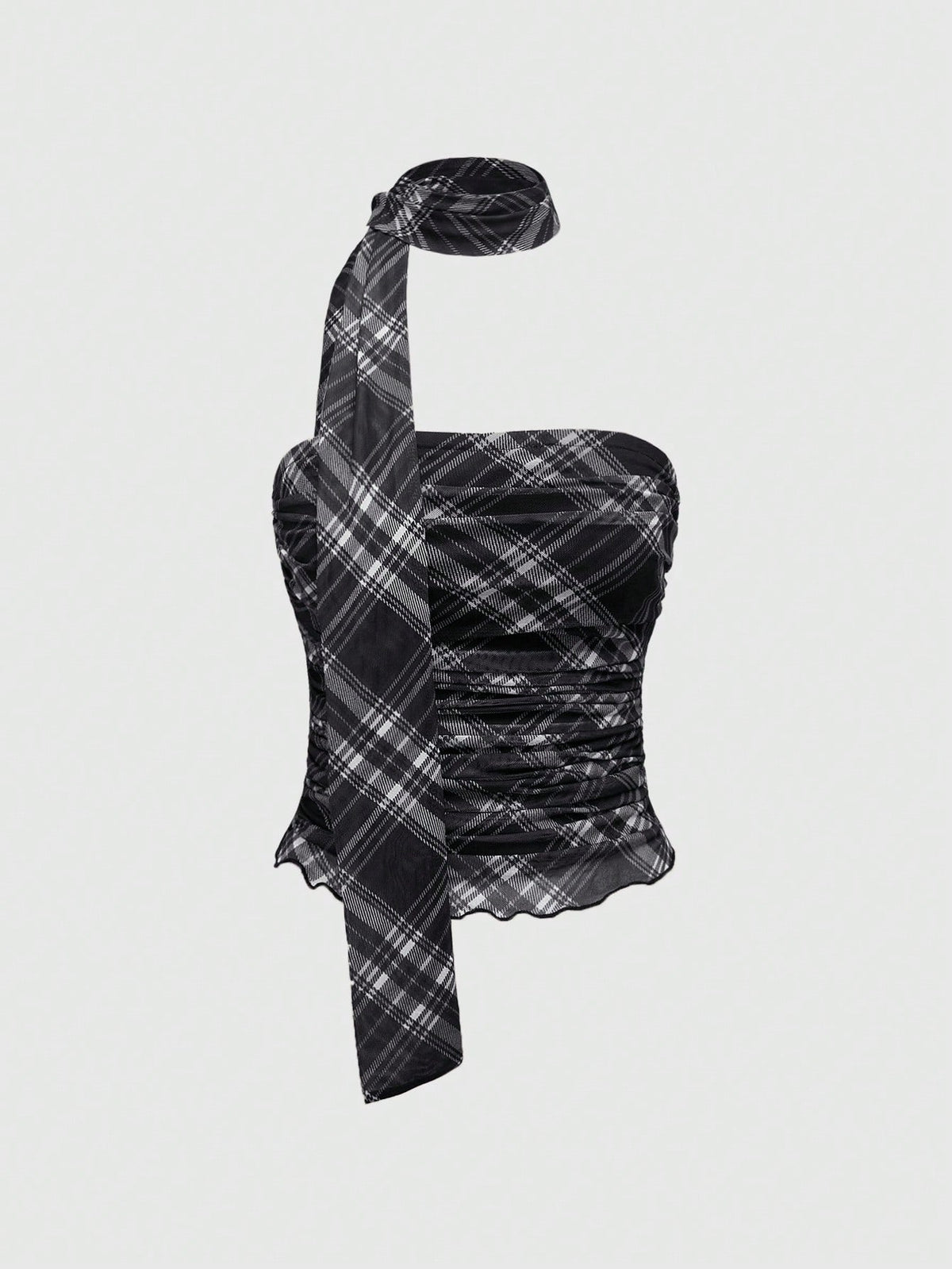 Women's black polka dot strapless tube top made of ruched mesh fabric featuring an asymmetrical hem and matching scarf.