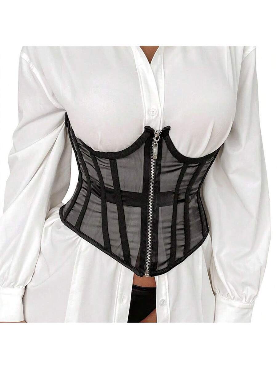Women's slim fit waist cincher top featuring breathable mesh fabric and a front zipper closure in a short waist shaping design.