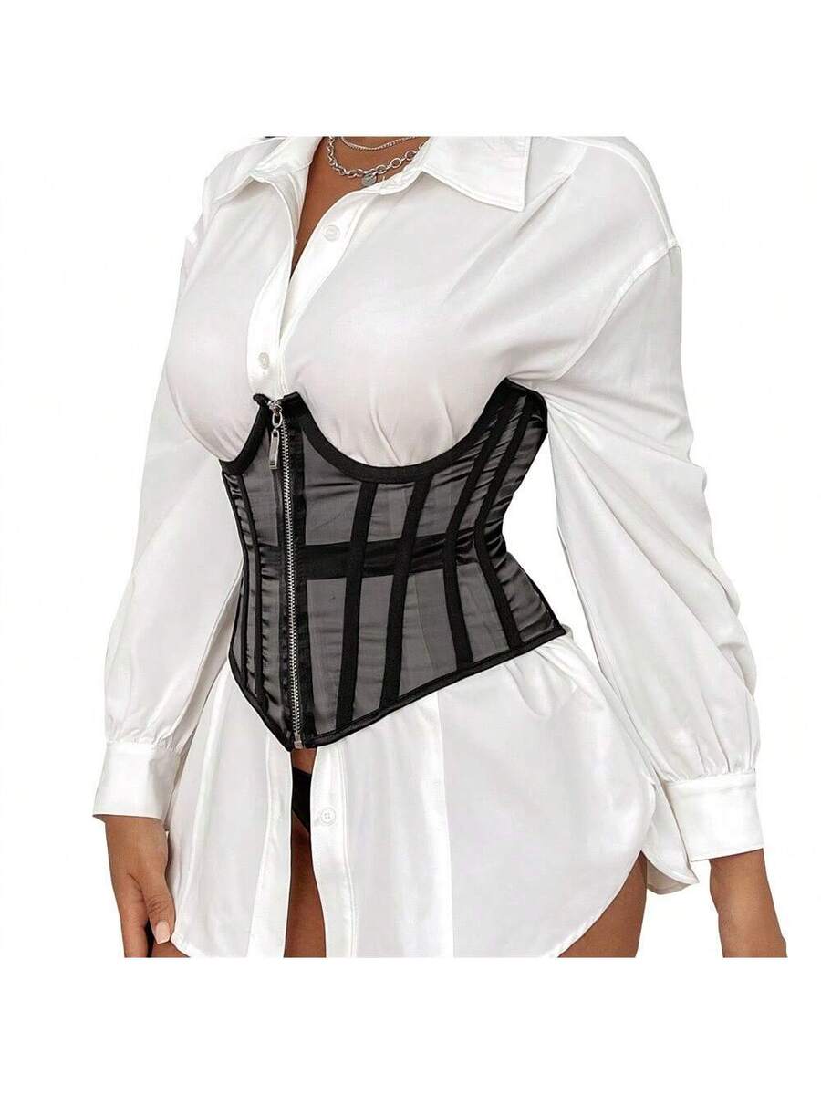 Women's slim fit waist cincher top featuring breathable mesh fabric and a front zipper closure in a short waist shaping design.