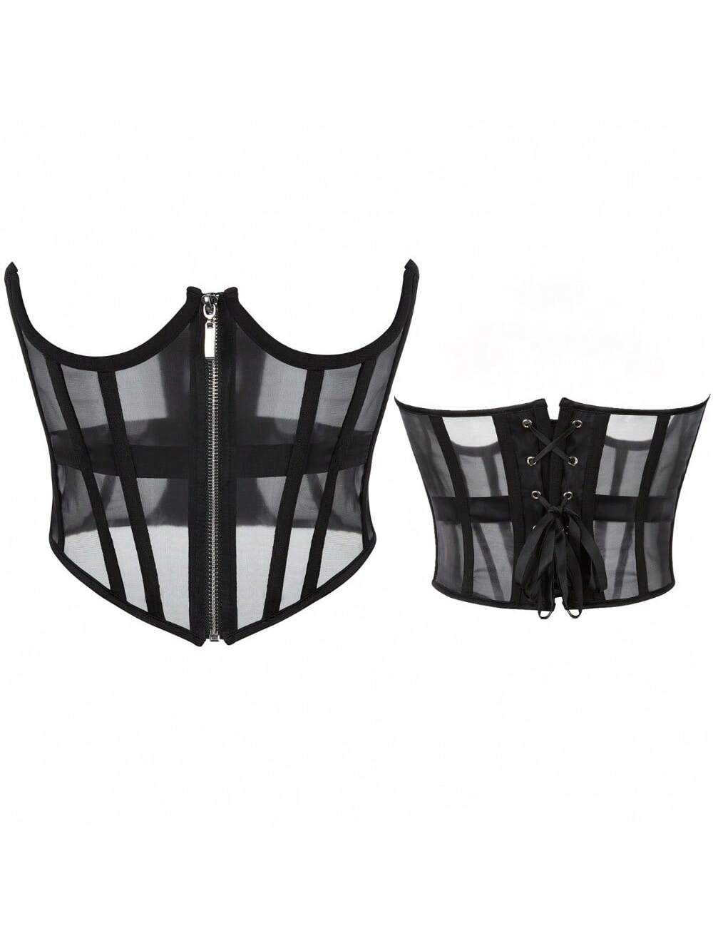 Women's slim fit waist cincher top featuring breathable mesh fabric and a front zipper closure in a short waist shaping design.