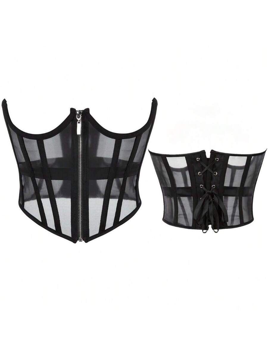 Women's slim fit waist cincher top featuring breathable mesh fabric and a front zipper closure in a short waist shaping design.