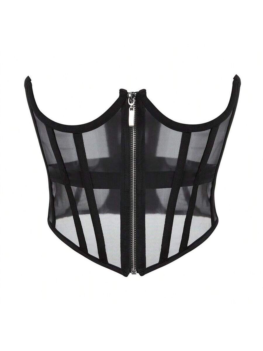 Women's slim fit waist cincher top featuring breathable mesh fabric and a front zipper closure in a short waist shaping design.