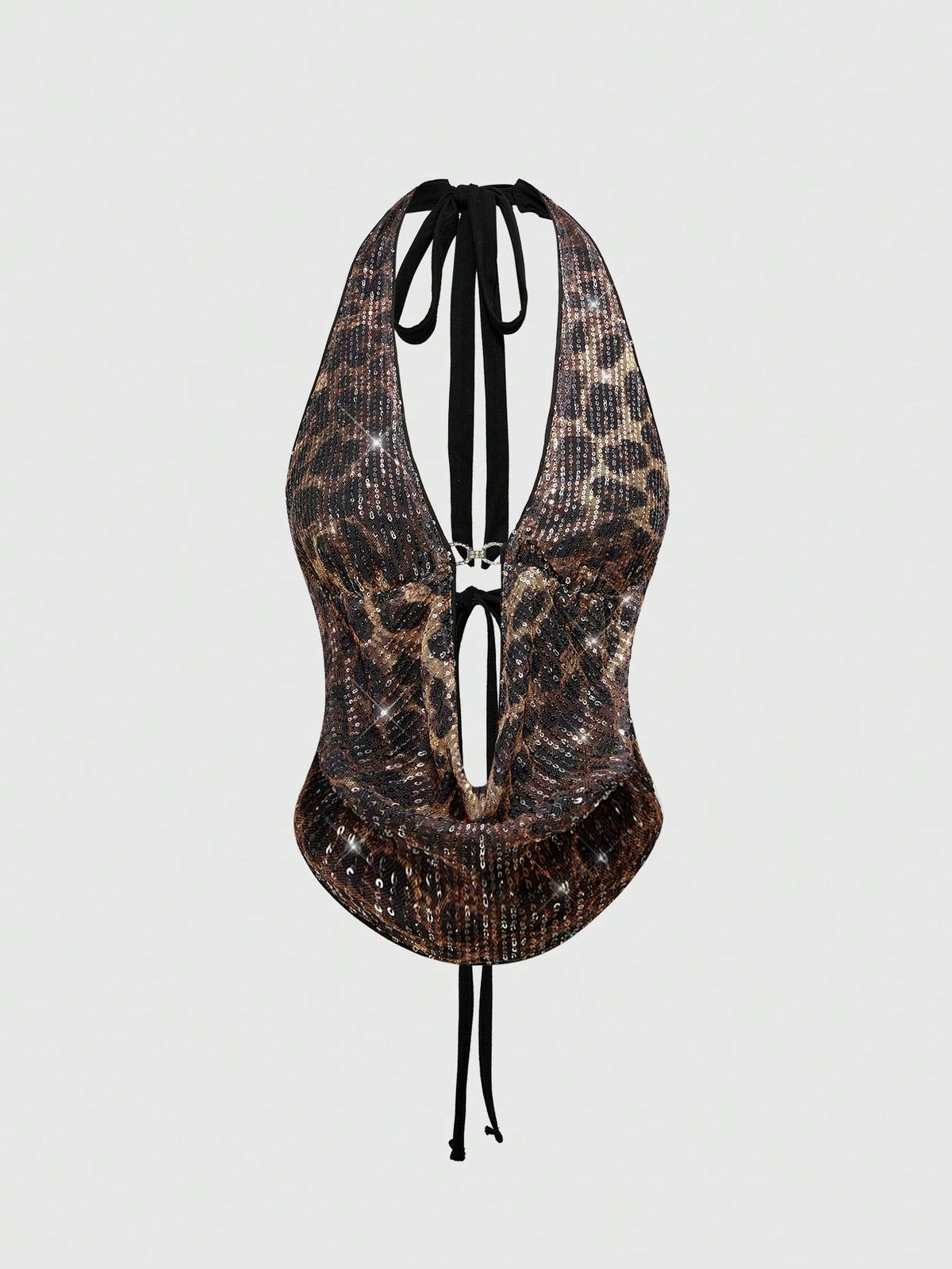 Women's leopard print sequin halter crop top featuring a backless asymmetrical hem design with ring accent.
