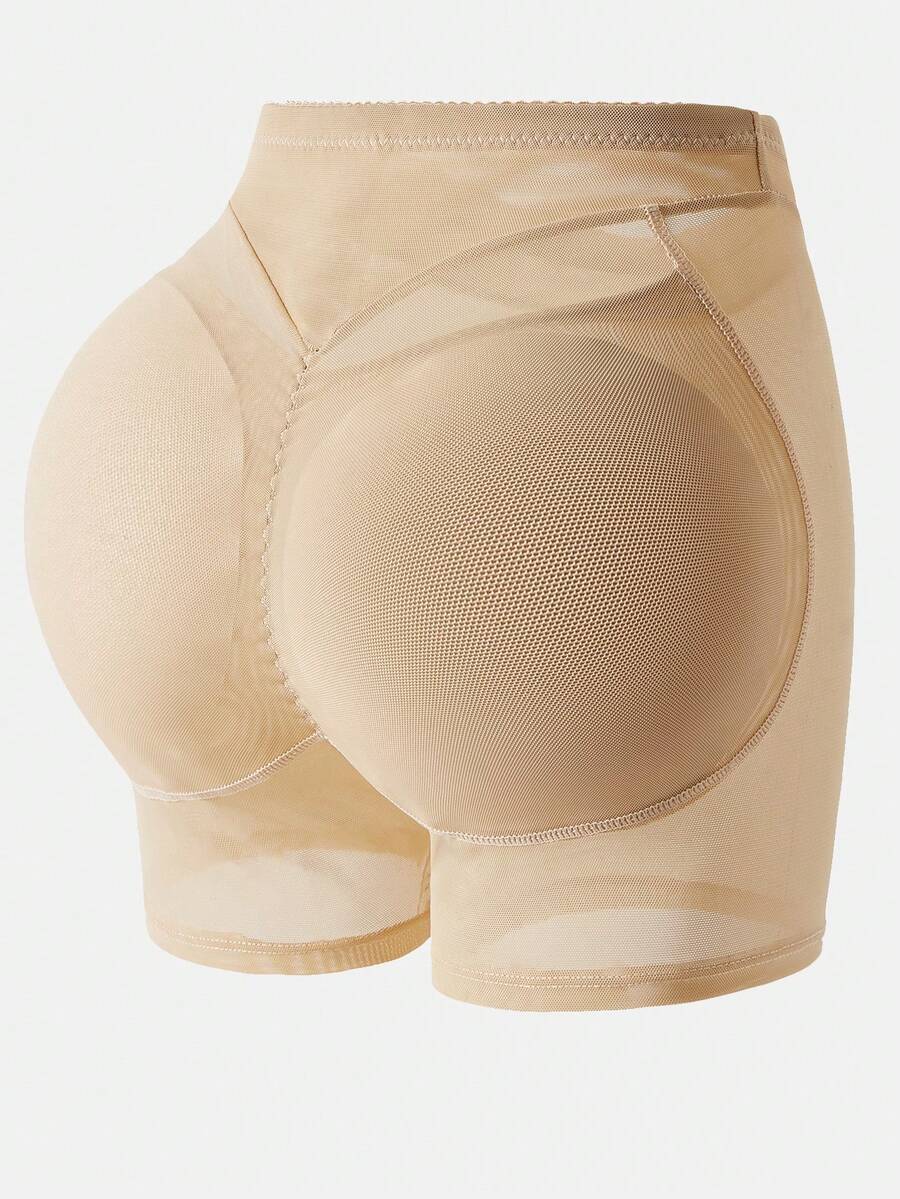 Apricot high-waist seamless butt lifting shapewear shorts with removable foam padding for women.