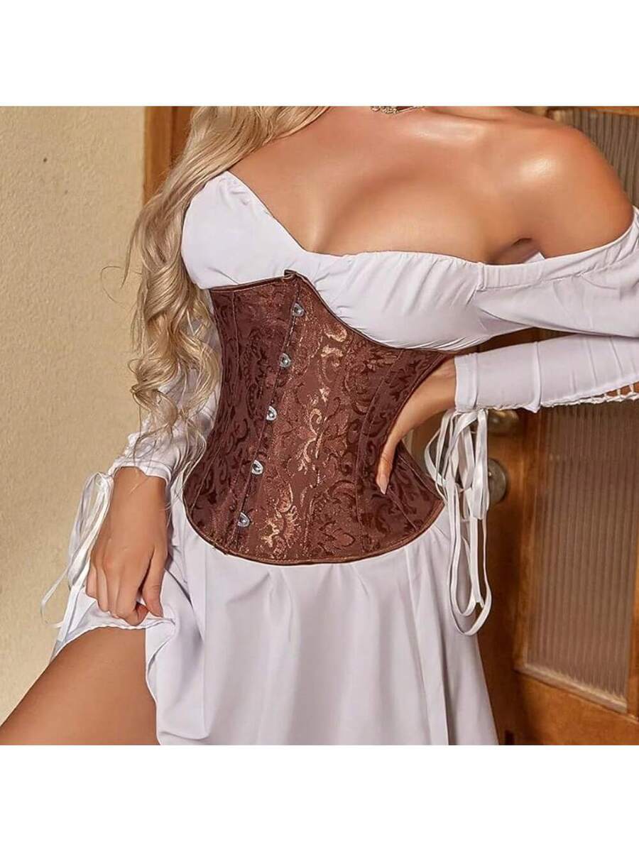 Women's coffee brown lace-up waist trainer corset body shaper featuring grommet eyelets and floral design details.