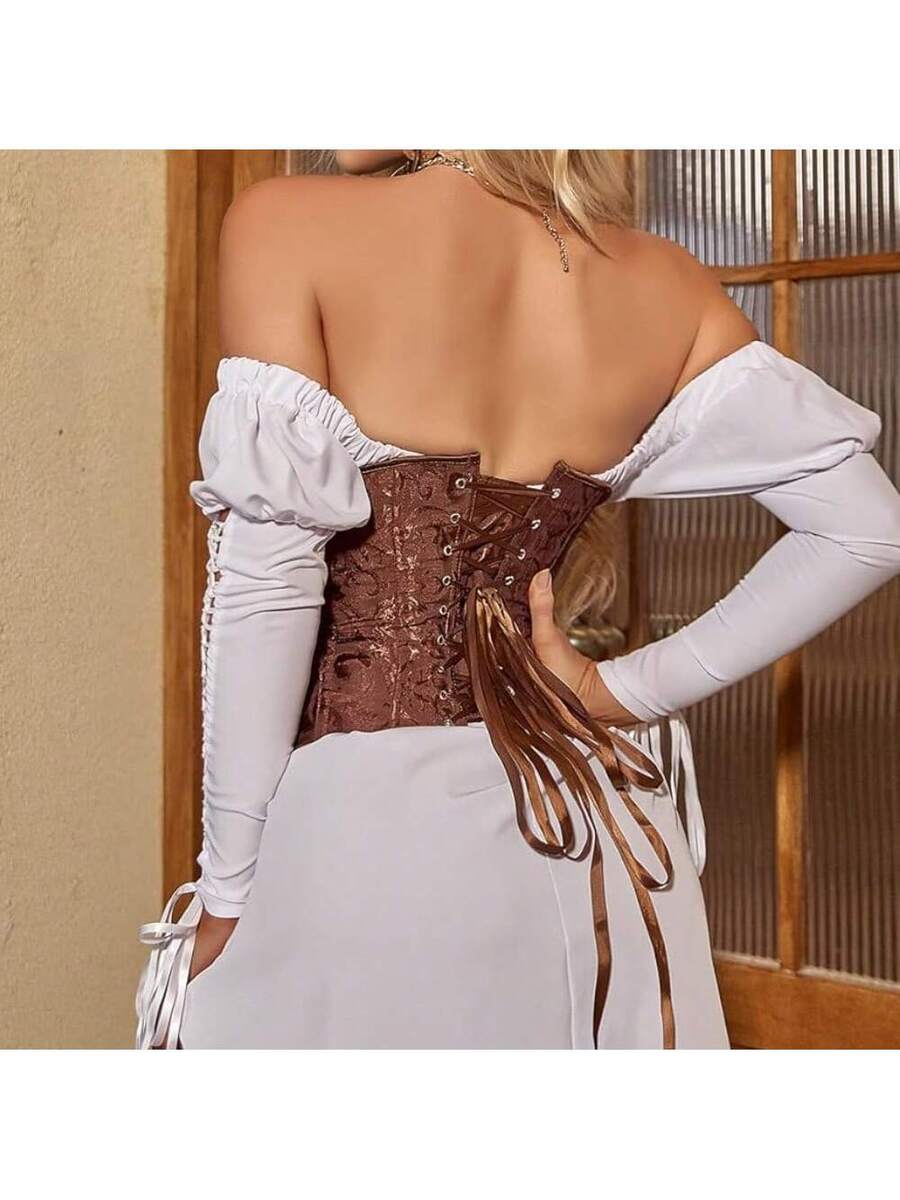 Women's coffee brown lace-up waist trainer corset body shaper featuring grommet eyelets and floral design details.