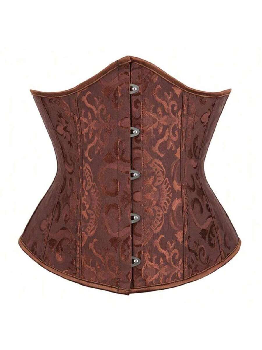 Women's coffee brown lace-up waist trainer corset body shaper featuring grommet eyelets and floral design details.