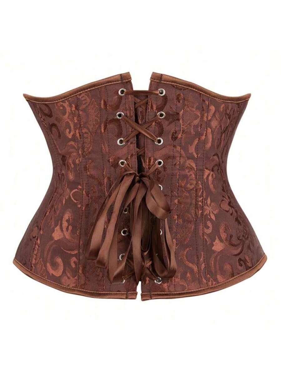 Women's coffee brown lace-up waist trainer corset body shaper featuring grommet eyelets and floral design details.
