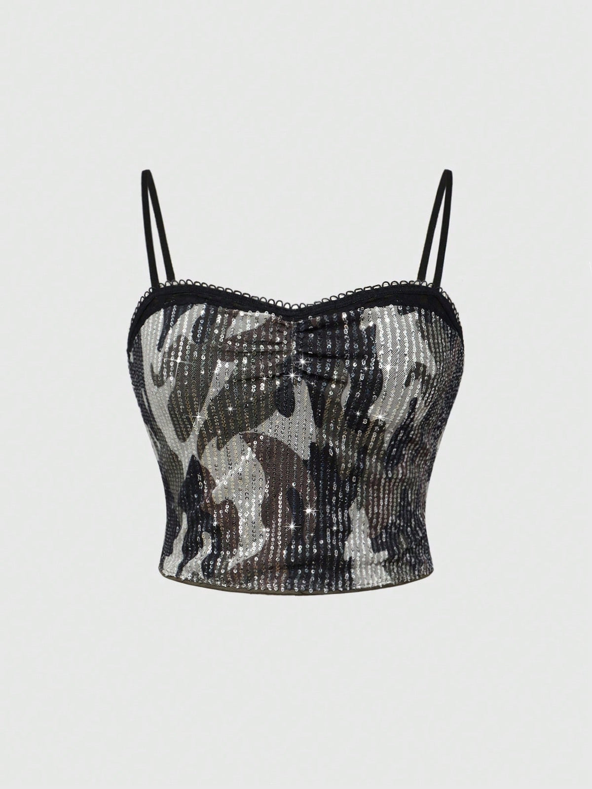 Women's camouflage print crop cami top with contrast sequin and lace splicing, spaghetti straps, zipper back, and matching arm sleeves.
