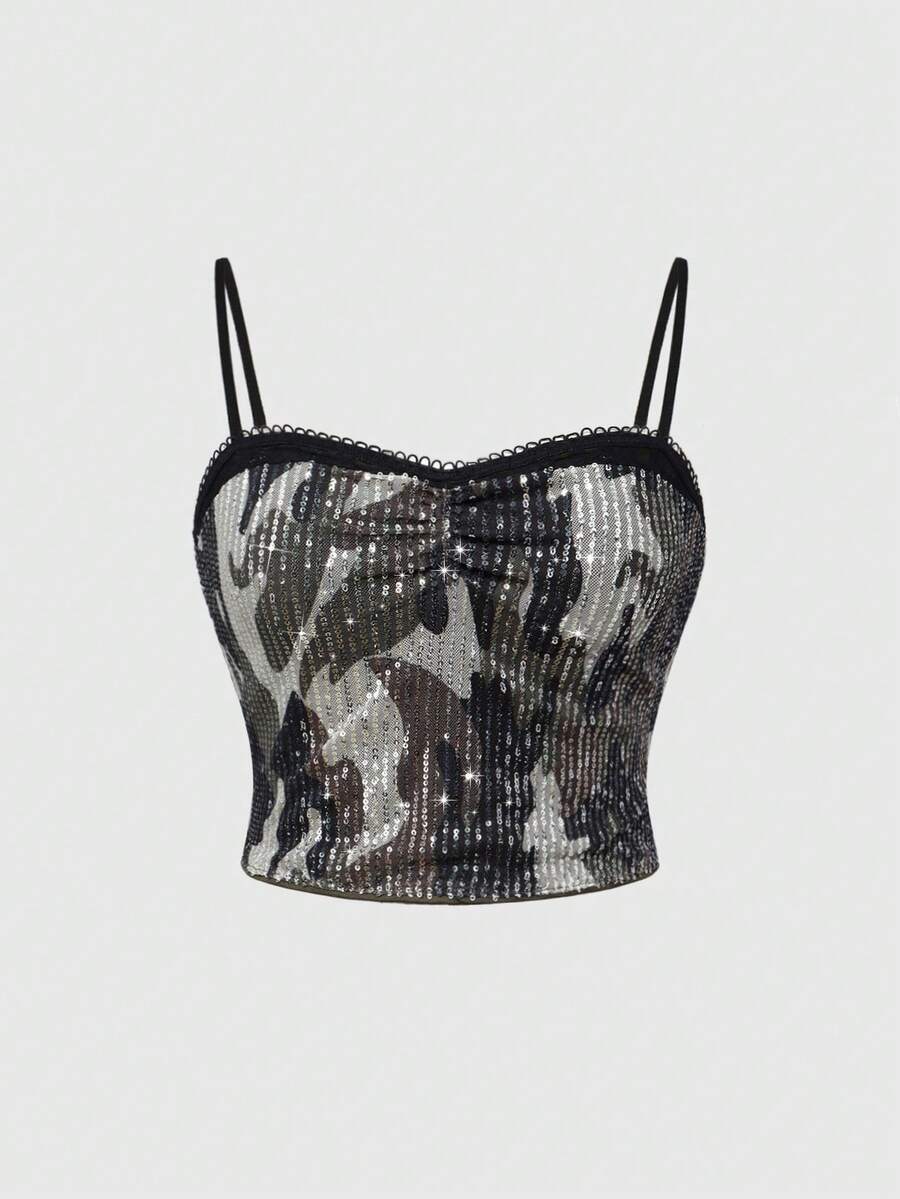 Women's camouflage print crop cami top with contrast sequin and lace splicing, spaghetti straps, zipper back, and matching arm sleeves.