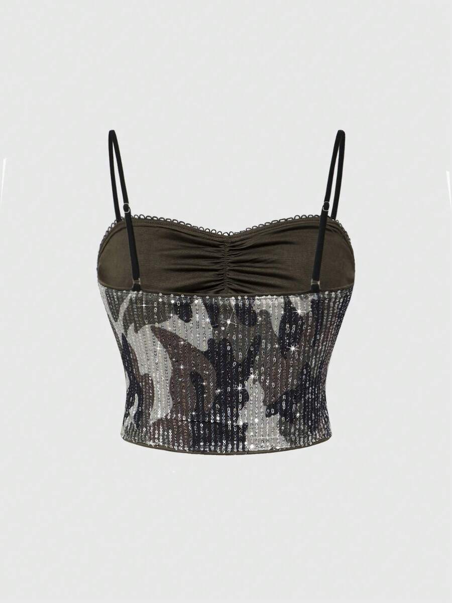 Women's camouflage print crop cami top with contrast sequin and lace splicing, spaghetti straps, zipper back, and matching arm sleeves.