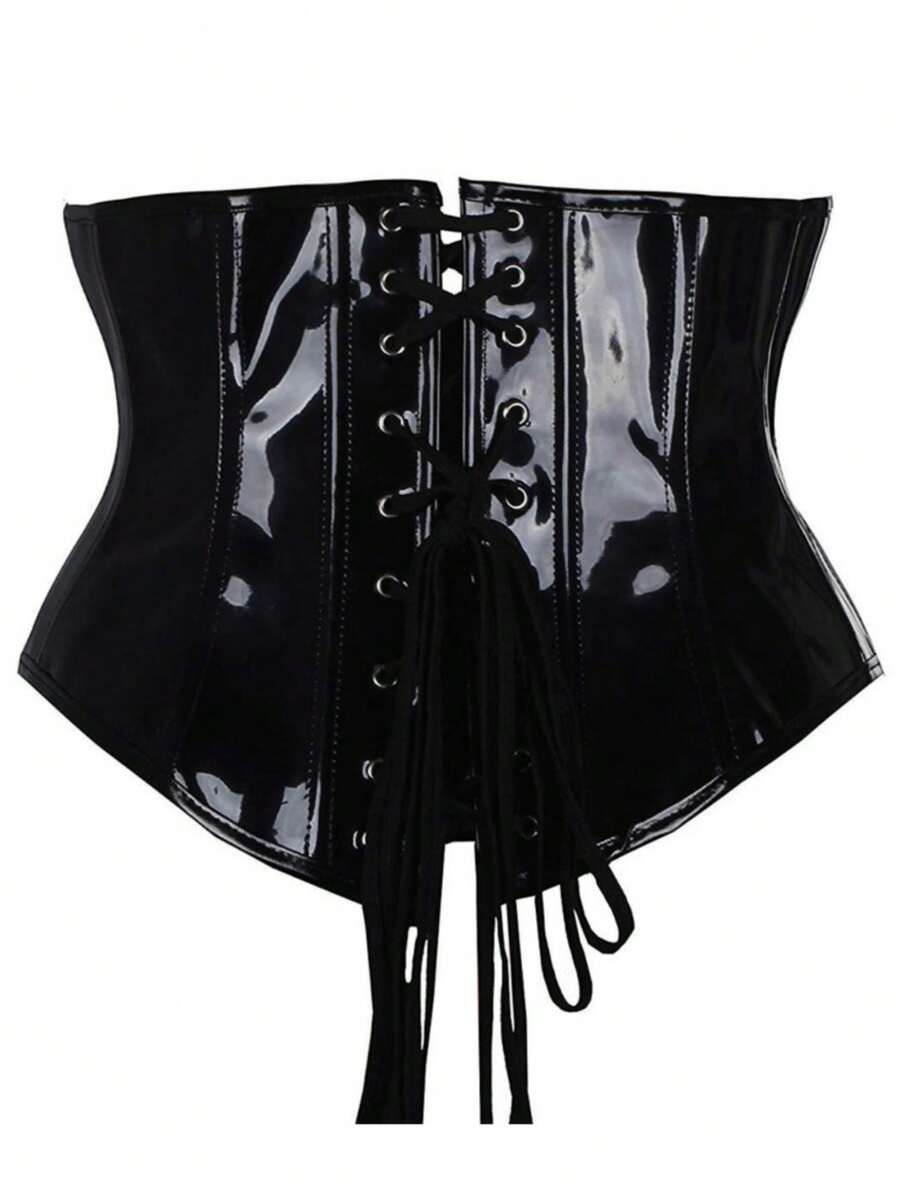 Black vintage lace-up waist cincher corset belt for women with grommet eyelet details