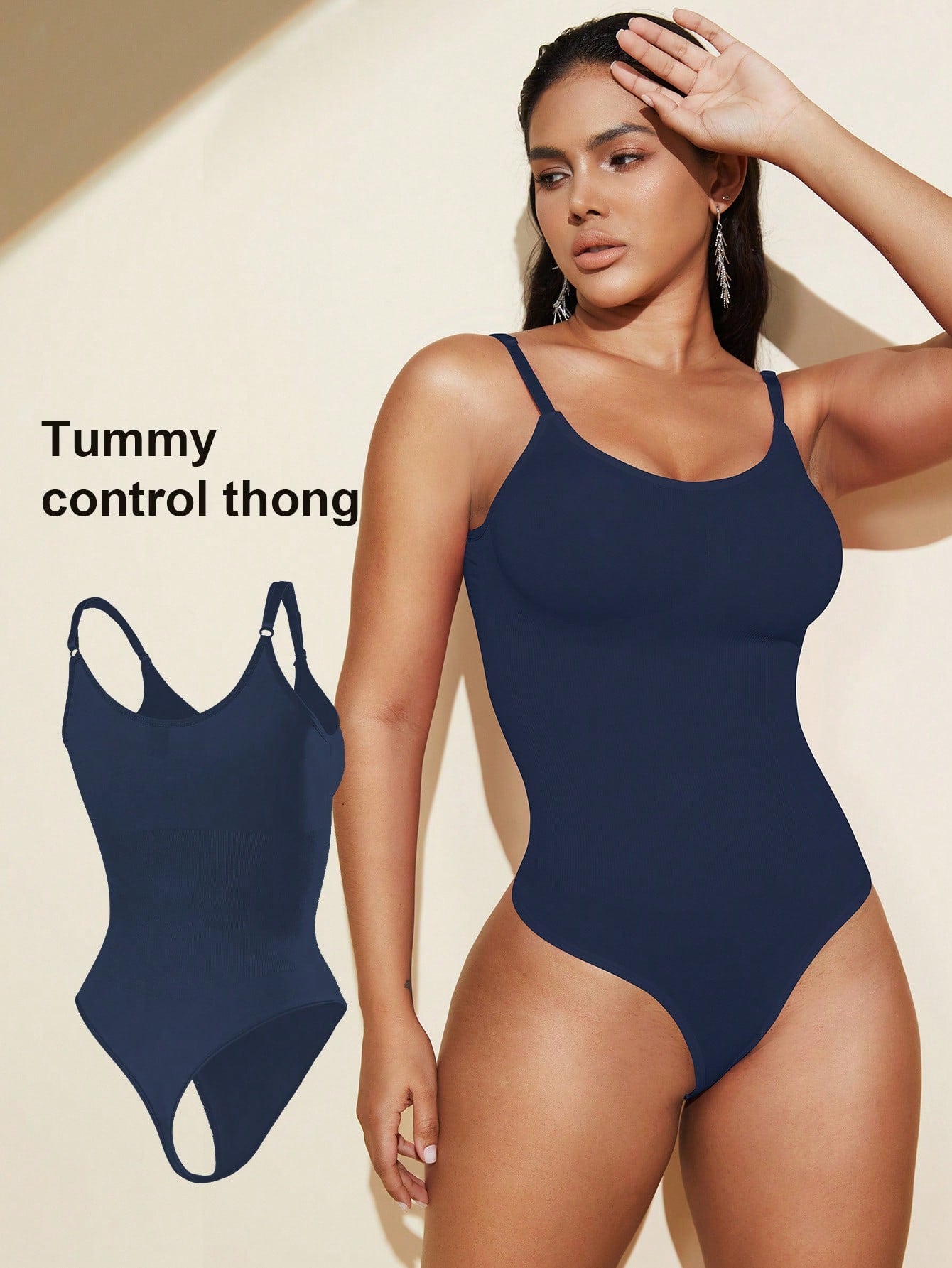Brown seamless shapewear bodysuit featuring backless design, thong bottom, non-removable padding, and high-stretch fabric for tummy and waist control.