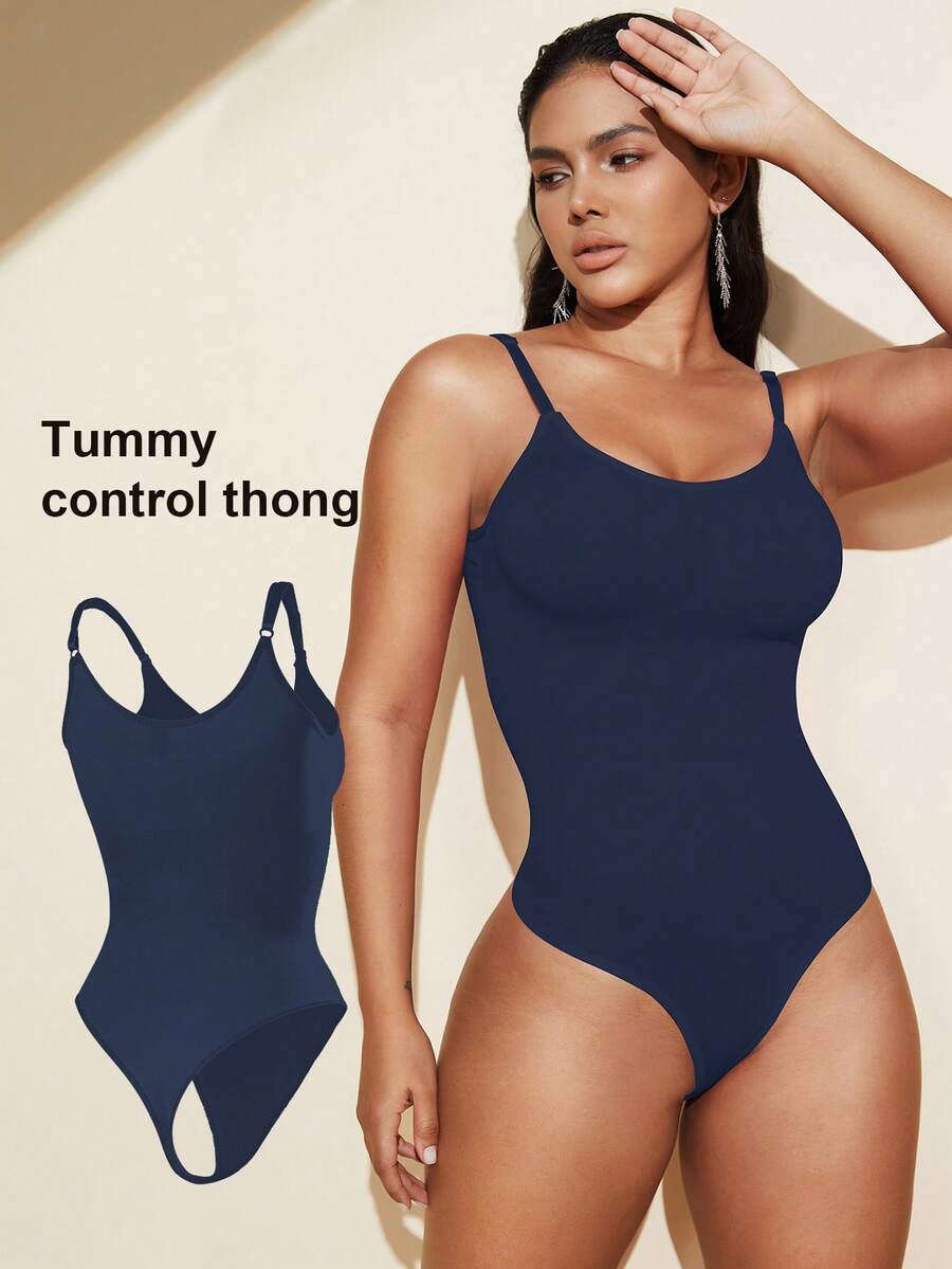 Brown seamless shapewear bodysuit featuring backless design, thong bottom, non-removable padding, and high-stretch fabric for tummy and waist control.