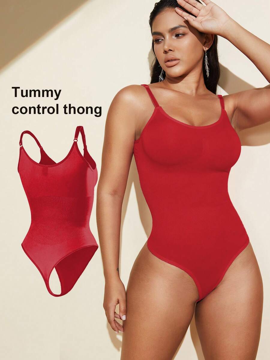 Brown seamless shapewear bodysuit featuring backless design, thong bottom, non-removable padding, and high-stretch fabric for tummy and waist control.
