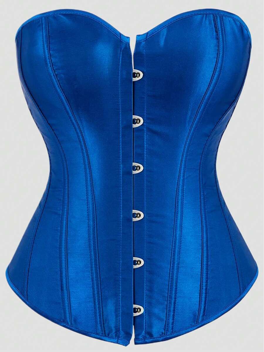 Blue satin bustier corset with front closure, back lace-up detail, and boned shaping for a retro-inspired party look.